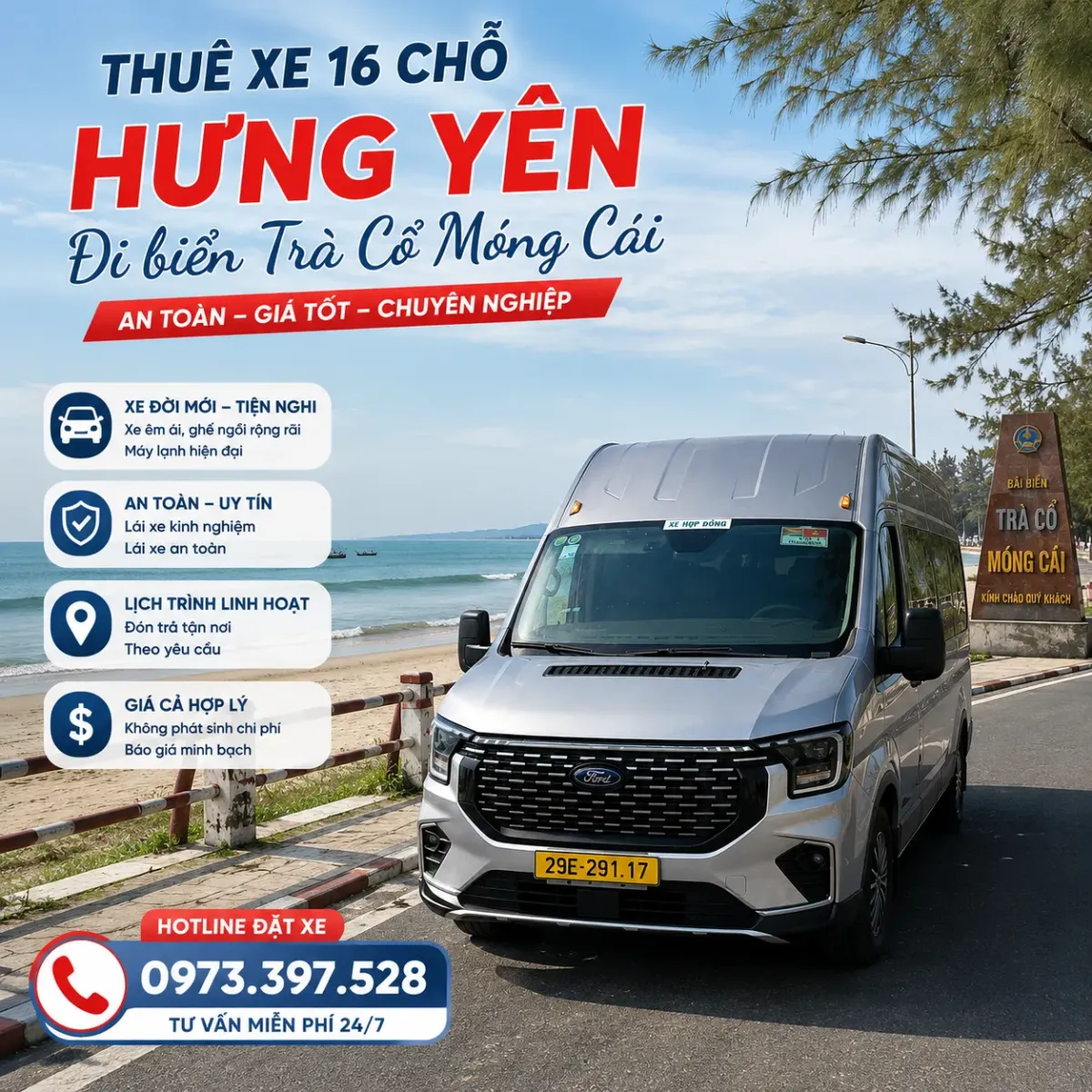 Thuê xe 16 chỗ Hưng Yên đi biển Trà Cổ Móng Cái Quảng Ninh