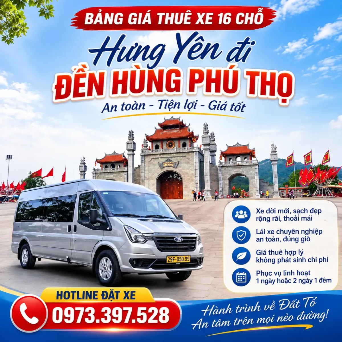 Bảng giá thuê xe 16 chỗ Hưng Yên đi Đền Hùng Phú Thọ
