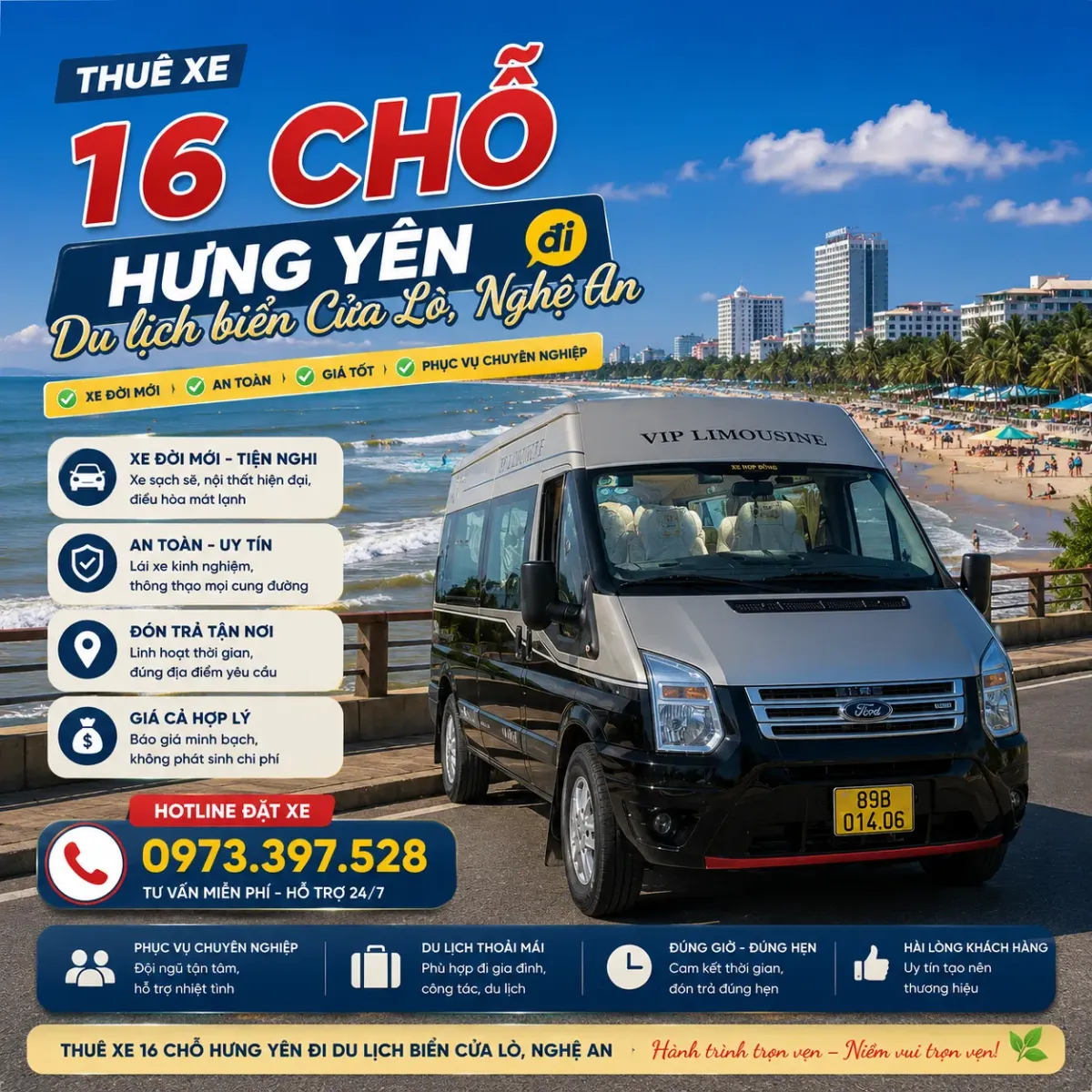 Thuê xe 16 chỗ Hưng Yên đi du lịch biển Cửa Lò Nghệ An