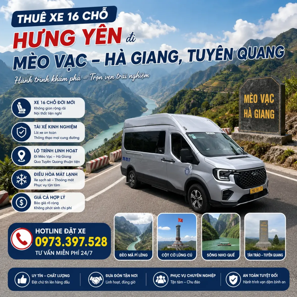 Thuê xe 16 chỗ Hưng Yên đi du lịch Mèo Vạc Hà Giang, Tuyên Quang