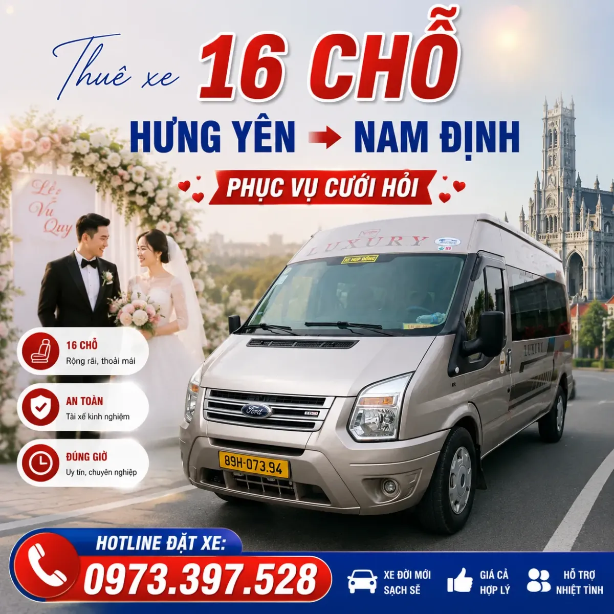 Thuê xe 16 chỗ Hưng Yên đi Nam Định - Phục vụ cưới hỏi