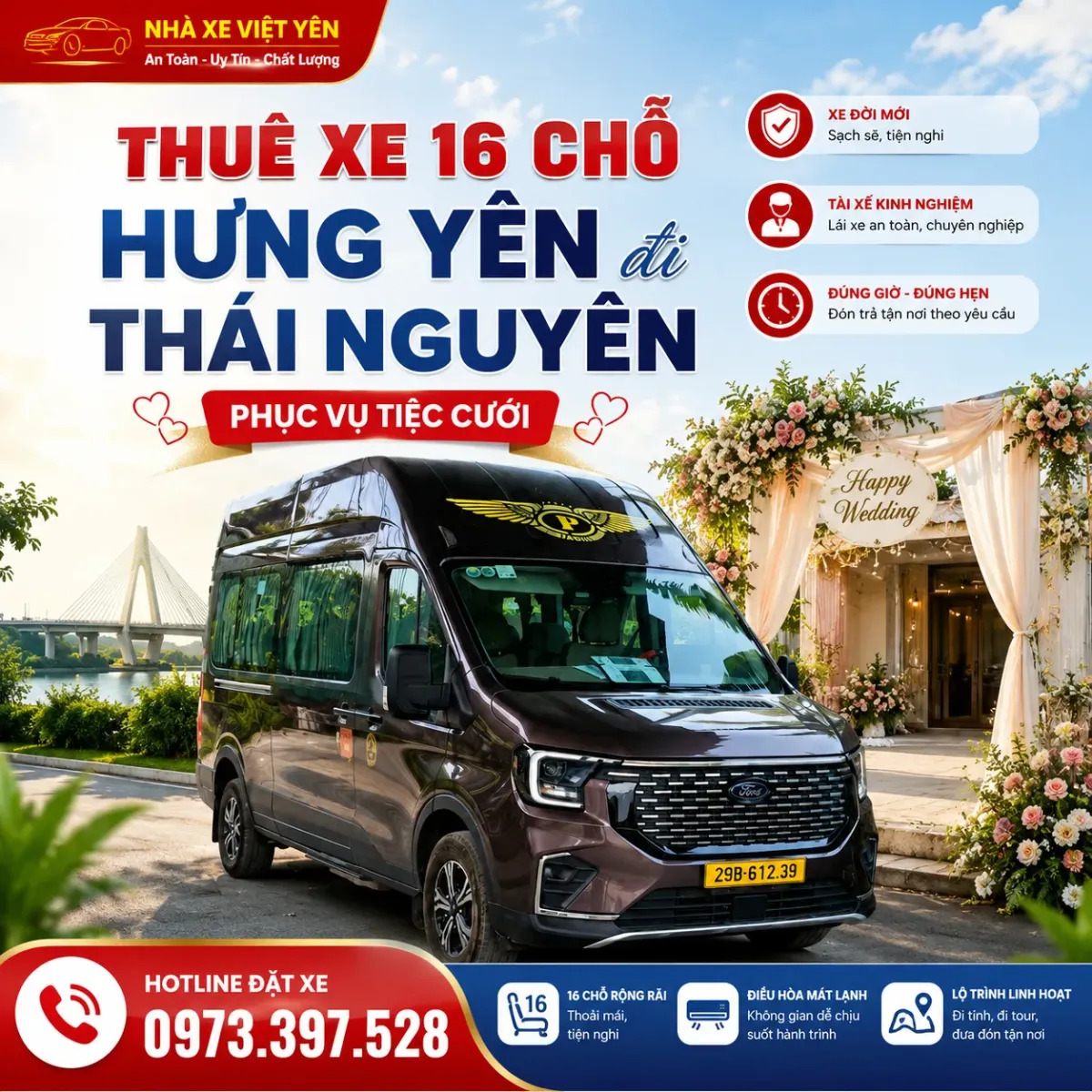 Thuê xe 16 chỗ Hưng Yên đi Thái Nguyên - Phục vụ tiệc cưới