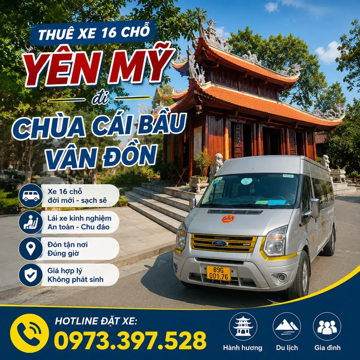 Thuê xe 16 chỗ Yên Mỹ Hưng Yên đi chùa Cái Bầu, Vân Đồn
