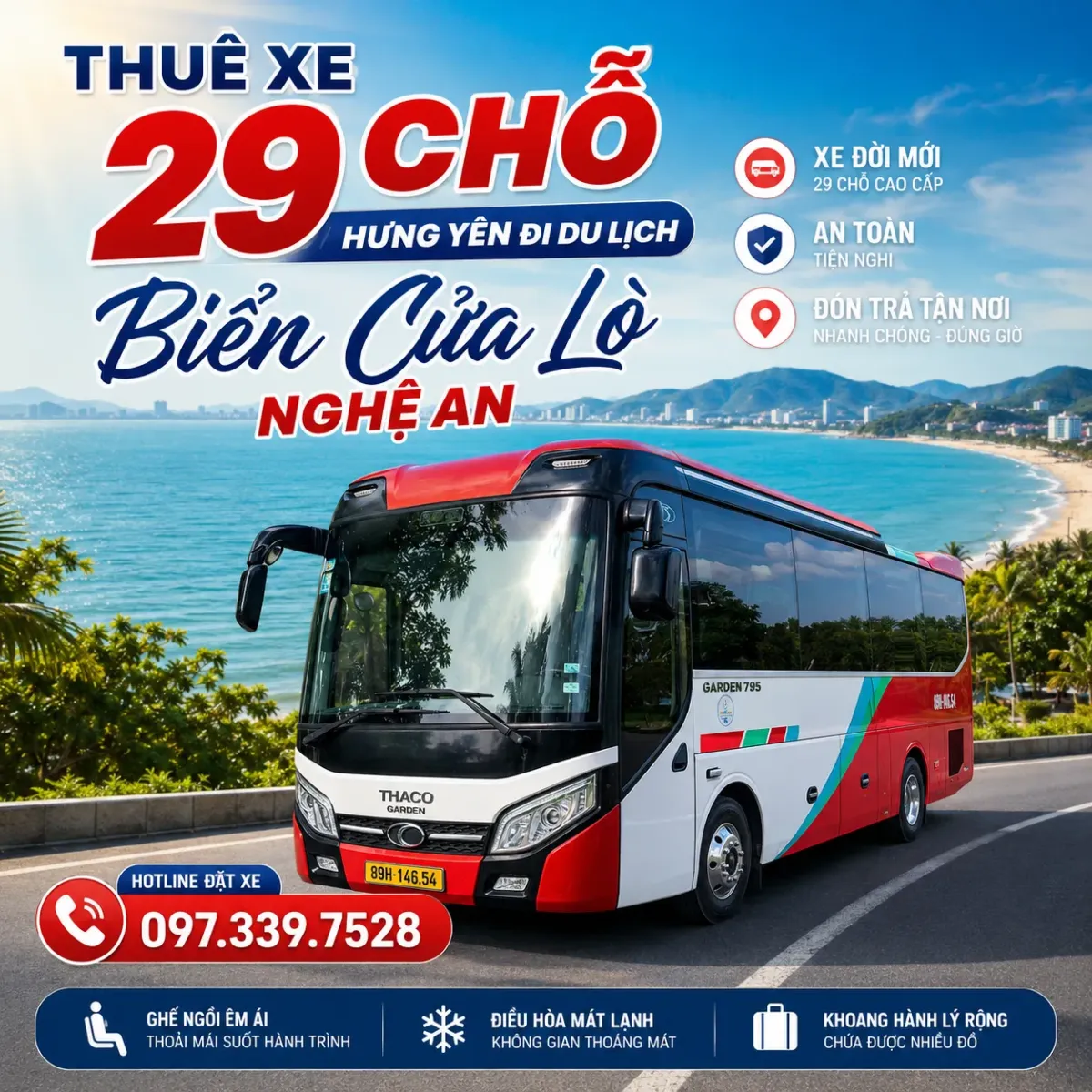 Thuê xe 29 chỗ Hưng Yên đi du lịch biển Cửa Lò Nghệ An