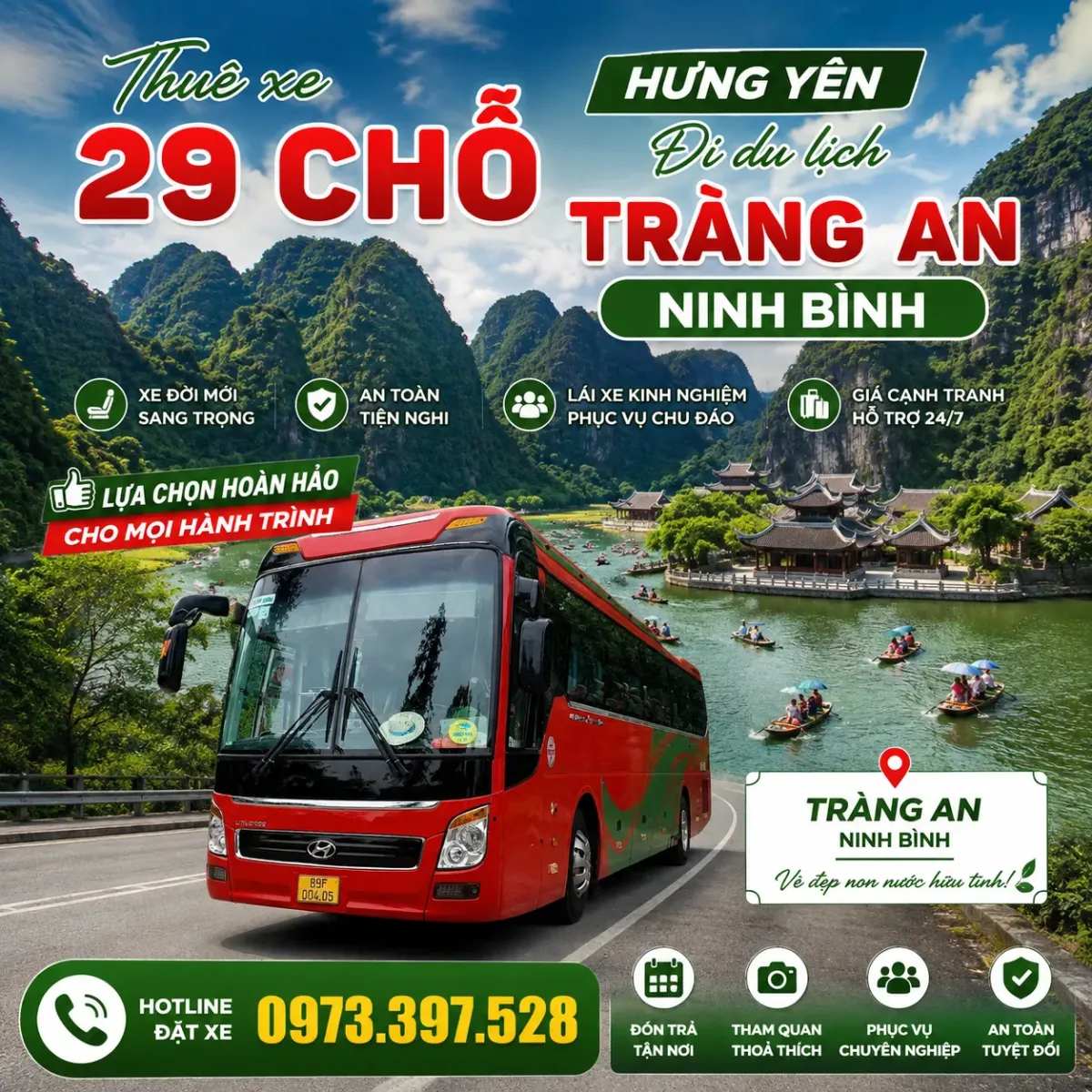 Thuê xe 29 chỗ Hưng Yên đi du lịch Tràng An Ninh Bình