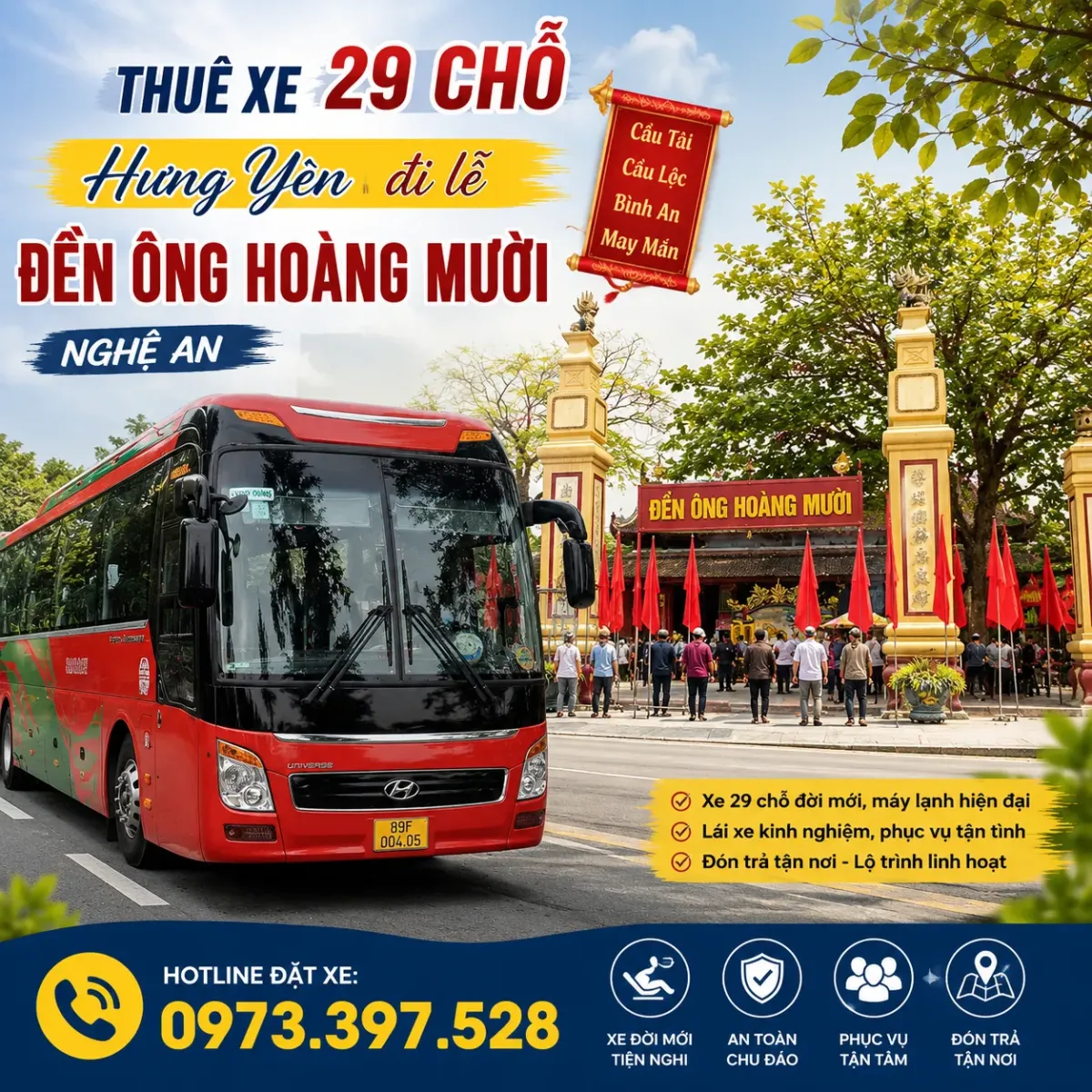 Thuê xe 29 chỗ Hưng Yên đi lễ đền Ông Hoàng Mười Nghệ An