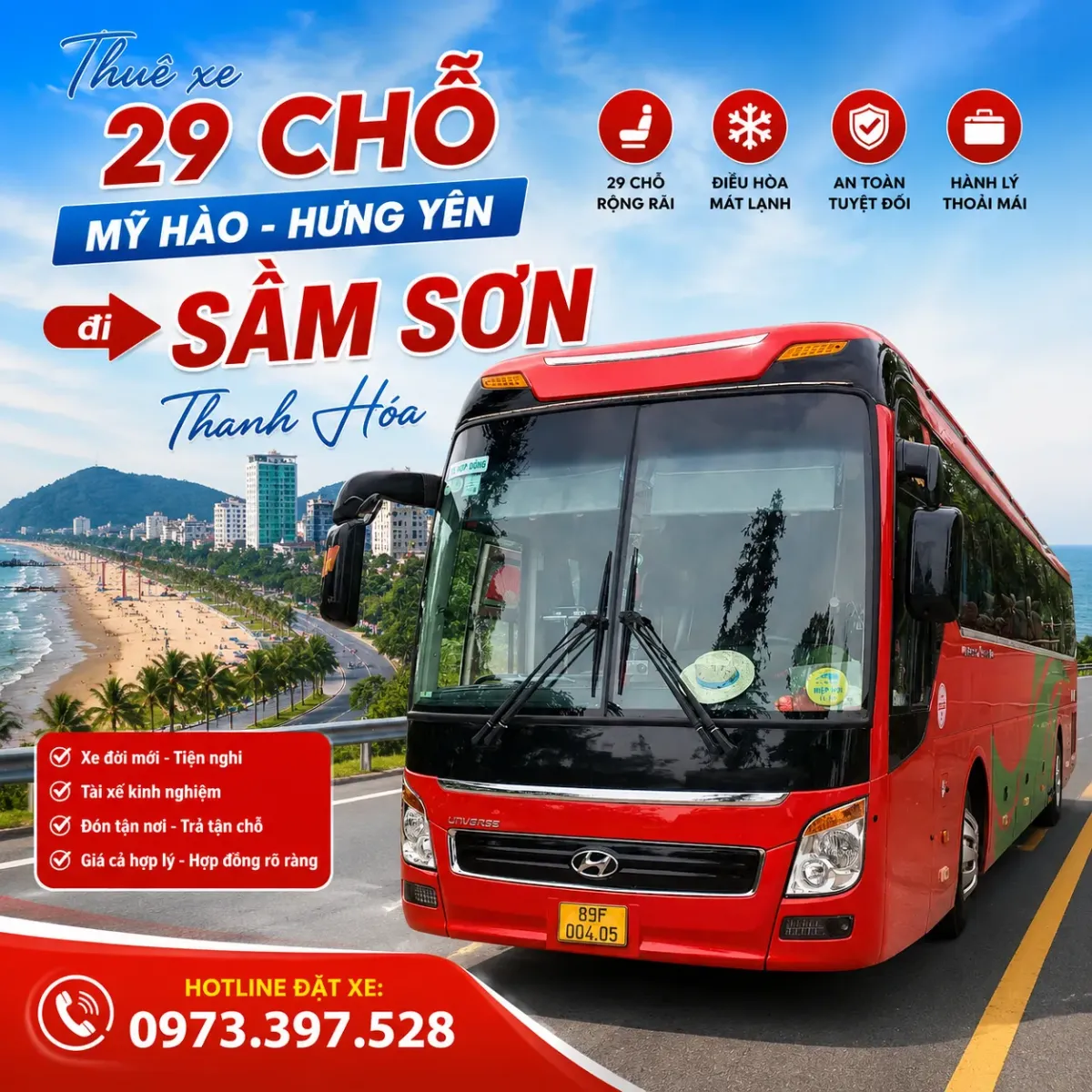 Thuê xe 29 chỗ Mỹ Hào Hưng Yên đi Sầm Sơn Thanh Hóa