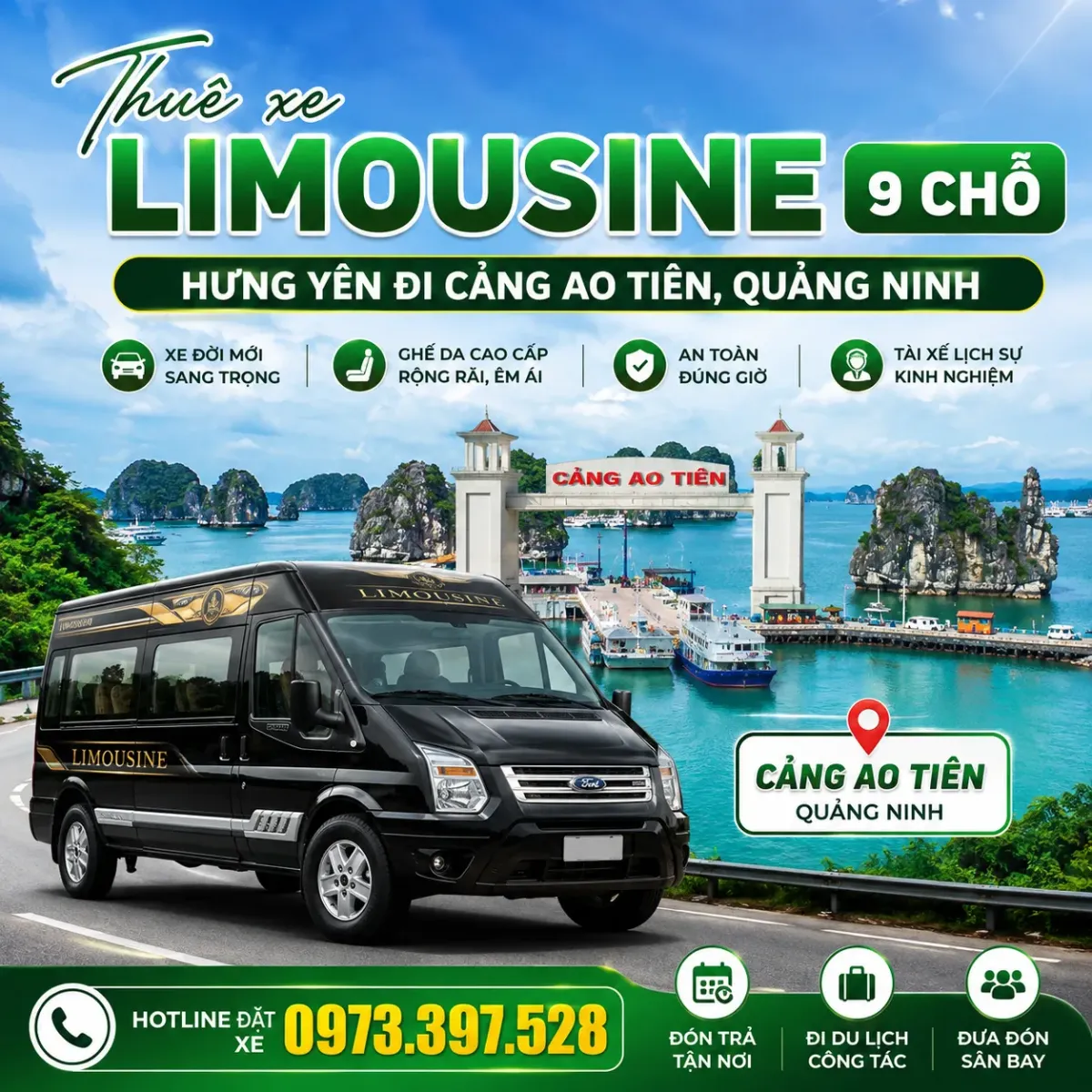 Thuê xe Limousine 9 chỗ Hưng Yên đi cảng Ao Tiên, Quảng Ninh